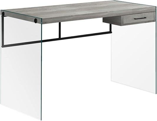 Monarch Specialties Computer Desk - Contemporary Writing Desk with Drawer - Tempered Glass Legs - 48"L (Grey Reclaimed Wood Look)