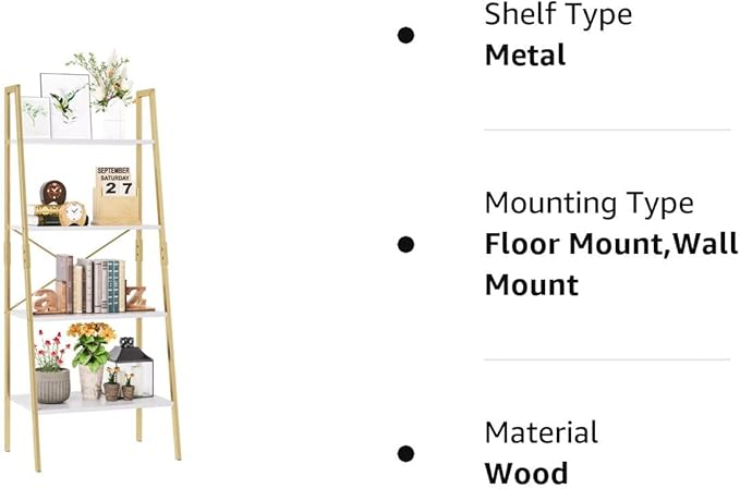 finetones Bookshelf 4 Tier, Wood Bookcase with Metal Frame, Open Display Storage Ladder Shelf, Plant Flower Stand Storage Rack for Home Office White/Gold