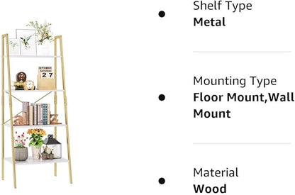 finetones Bookshelf 4 Tier, Wood Bookcase with Metal Frame, Open Display Storage Ladder Shelf, Plant Flower Stand Storage Rack for Home Office White/Gold