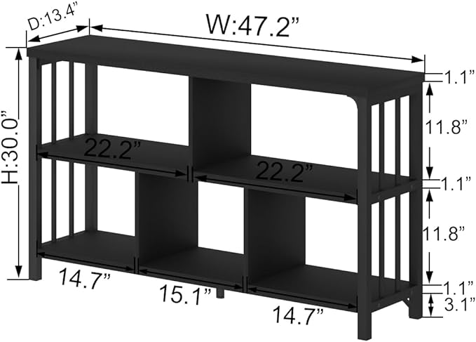 IBF Horizontal Cube Book shelf, Industrial Modern Open Bookshelf, Low Wide Home 5 Cube Storage Organizer Long Shelf for Bedroom, Short Wood and Metal Cubby Book Shelf for Living Room, Black Oak, 47 In