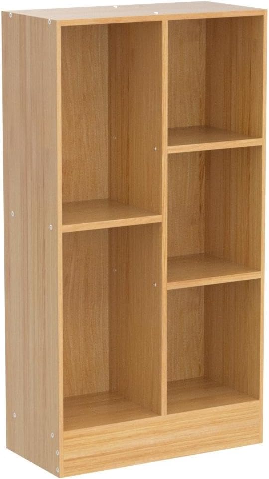 LEYAOYAO 5 Cube Mid-Century Modern Natural Wood Bookshelf with Base, 3 Tier Storage Organizer Shelf, Rustic Wood Display Cabinet for Bedroom, Living Room, Office