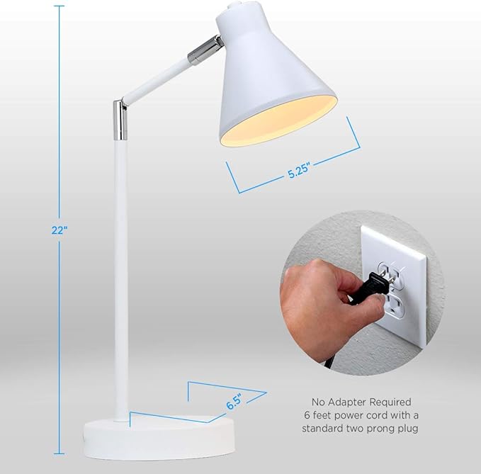 O’Bright LED Desk Lamp with USB Charging Port, 100% Metal Lamp, 270° Flexible Swivel Arms, Soft White LED Reading Light (3000K), Bedside Reading Lamp, Office Lamp, Table Lamp, ETL Listed (White)