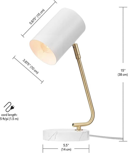 Globe Electric Novogratz x 65784 Athena 15" Desk Lamp, White Shade, Brass Arm, White Faux Marble Base