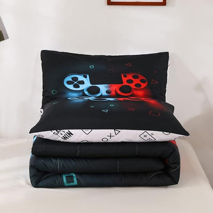 Erosebridal Boys Gamepad Comforter Set Queen,Play Gamer Bedding Set Kid Young Man Video Games Down for Teen Child Game Room Decor Black Classic Retro Gaming Quilt Duvet Set with Controller Button