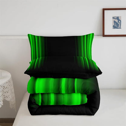 Geometric Abstract Ombre Bedding Bed Set Men Adults Teens Green and Black Striped Comforter Set Kids Boys Girls Simple Modern Comforter Inner Fill Bedroom Collection 3Pcs Full Size