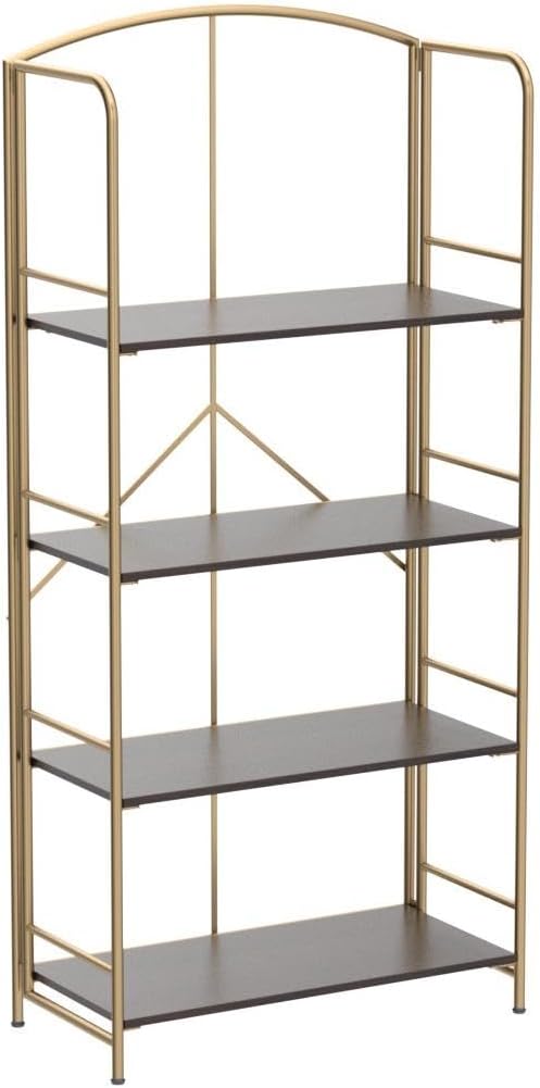 No Assembly Folding Bookshelf, Metal Book Shelf for Storage, Folding Bookcase for Office Organization and Storage (Brown and Gold, 4 Tiers)