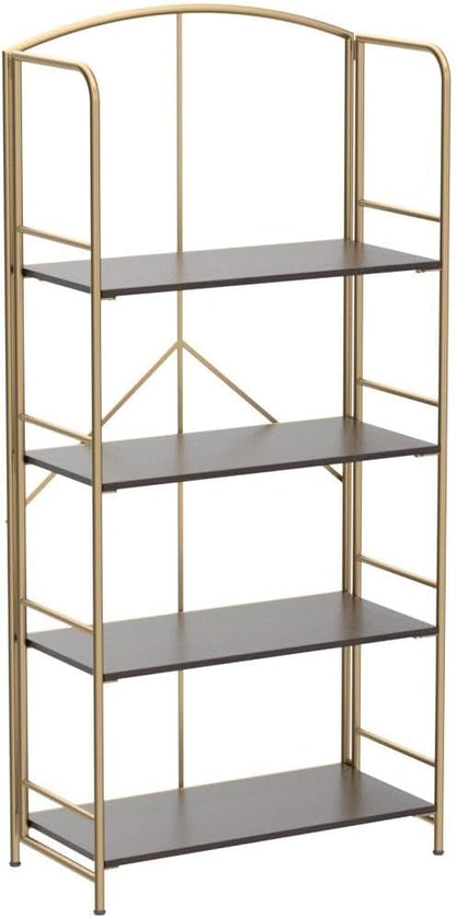 No Assembly Folding Bookshelf, Metal Book Shelf for Storage, Folding Bookcase for Office Organization and Storage (Brown and Gold, 4 Tiers)
