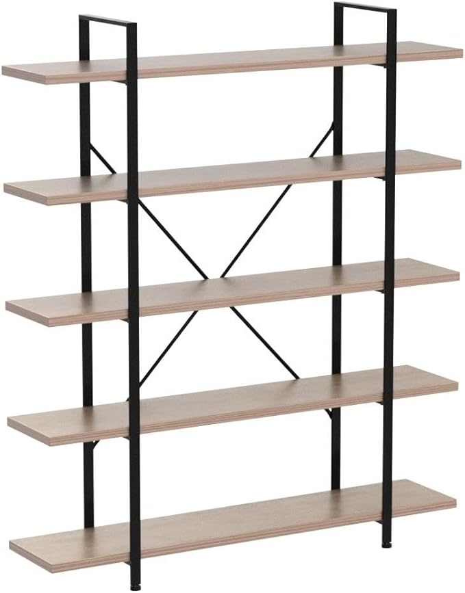 HSH Industrial Wood and Metal 5 Tier Bookshelf, Large Tall Open Rustic Wide Etagere Bookcase, Vintage Farmhouse Modern Wooden Big Book Shelf for Home Living Room Bedroom Office Storage, Rustic Oak