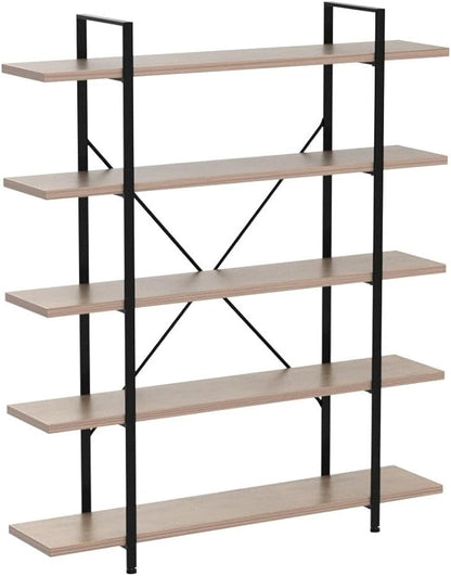 HSH Industrial Wood and Metal 5 Tier Bookshelf, Large Tall Open Rustic Wide Etagere Bookcase, Vintage Farmhouse Modern Wooden Big Book Shelf for Home Living Room Bedroom Office Storage, Rustic Oak