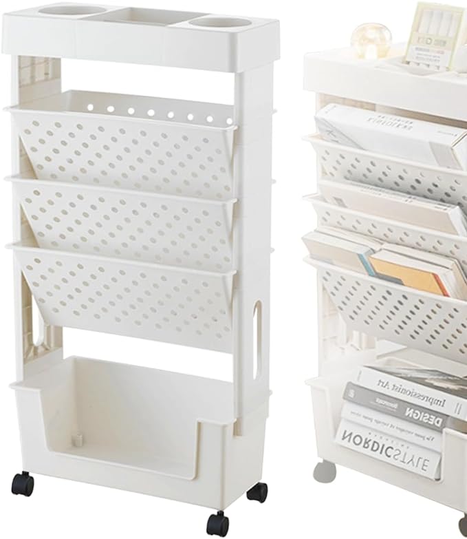 5 Tier Book Rack Storage Bookshelf,Rolling Small Bookshelf for Small Spaces with Double Sided Storage,Kids Bookshelf for Childrens Students in The Classroom Bedroom Library Study