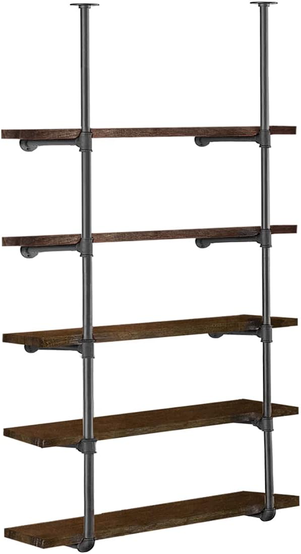 HITOMEN Industrial Iron Pipe Shelves, 2 Set 5-Tier, 70" Tall, 12" Depth, DIY Open Bookshelf Bookcase, Wall Mounted Vintage Retro Shelving, Rustic Farmhouse Pantry Kitchen Storage, Black Shelf Brackets