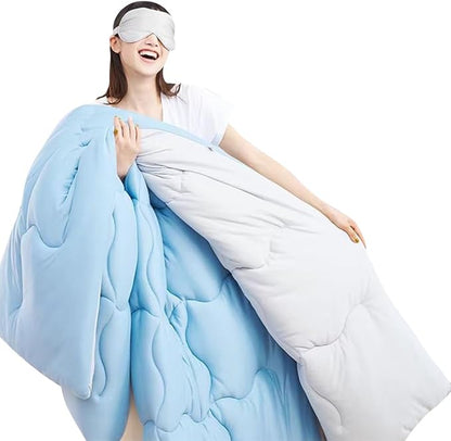 COTTEBED Reversible Blue and Light Gray Bed Comforter Queen Sets, Jersey Knit T-Shirt Feel Ultra-Soft Lightweight Breathable Cozy Bedding Down Quilt Blanket & 2 Pillowsham All Season Use (Full/Queen)