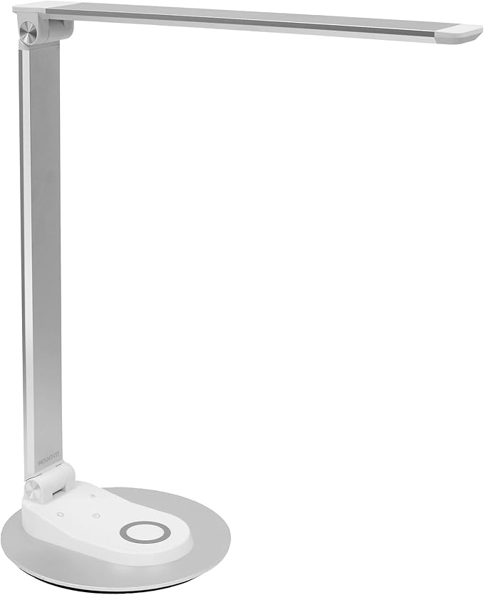 Mount-It! LED Desk Lamp with Wireless Charger and USB-C Charging Port, Dimmable Desk Lamp with 25 Brightness and Color Modes, for Home or Office, Adjustable Arm, Silver/White