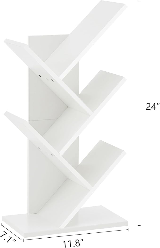 Hoctieon 4 Tier Tree Bookshelf, Small Bookcase, Free Standing Tree Bookcase, Bookshelf for Bedroom, Book Shelf Organizer, Small Bookshelf, White