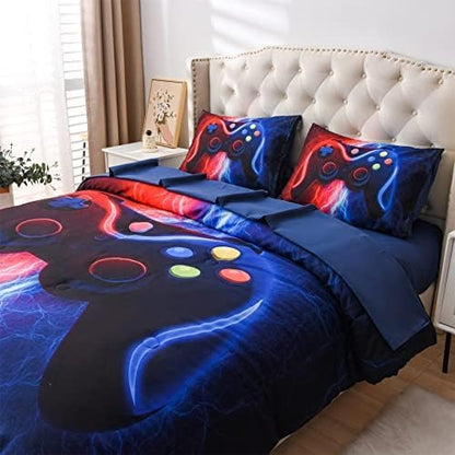 Meeting Story Gamer Gaming Bedding Sets Red Blue Lightnings Gamepad Comforter Set for Boys Games Console Action Buttons Novelty Colorful Modern Room Decor Home Quilt Set (Red-Blue, Queen 5Pcs)