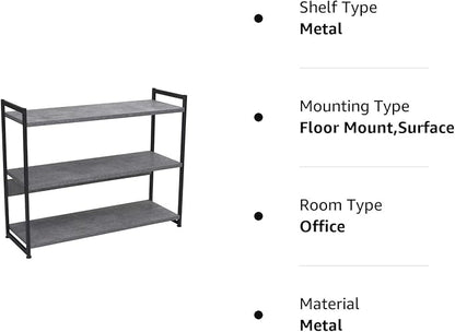 Household Essentials 3 Tier Storage Shelf with Minimalist Metal Frame | 40.5" W x 32.5" H x 13.75" D | Slate Faux Concrete, Grey
