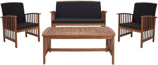 SAFAVIEH Outdoor Collection Rocklin Natural/ Black Cushion 4-Piece Conversation Patio Set