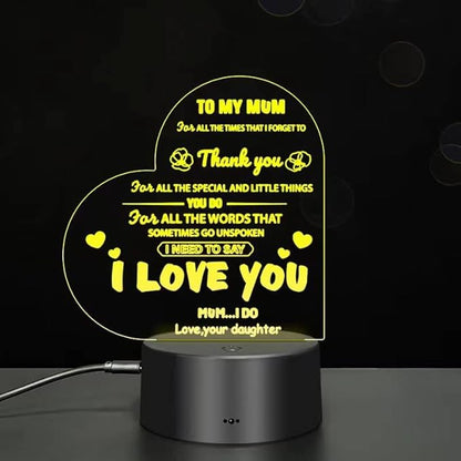to My Mom I Love You 3D Light Birthday Gift, 7-Color USB Charging Bedside Decoration, I Love You Mother's Day Gift, New Love Heart Birthday Gifts for Mother