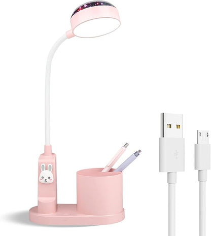 Pink Kids Desk Lamp with Pen holder, Rabbit cute LED Desk/Table Lamp with Dimmable Natrue Light, USB rechargeable and Funny projector, Small Bedside lamp, LED lamp for girls Bedrooms