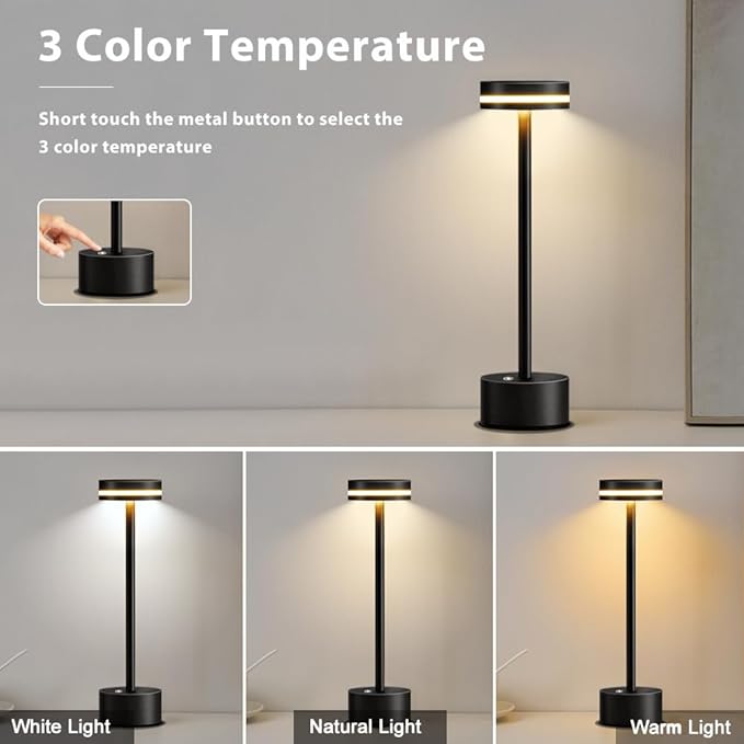 Cordless Metal Desk Lamp,Portable LED Table Lamp with Touch Sensor,3 Color Rechargeable Lamp,3-Levels Brightness Lamp,Night Light for Kids Nursery,Bedside Lamp,Dining Room Lamp (Black)
