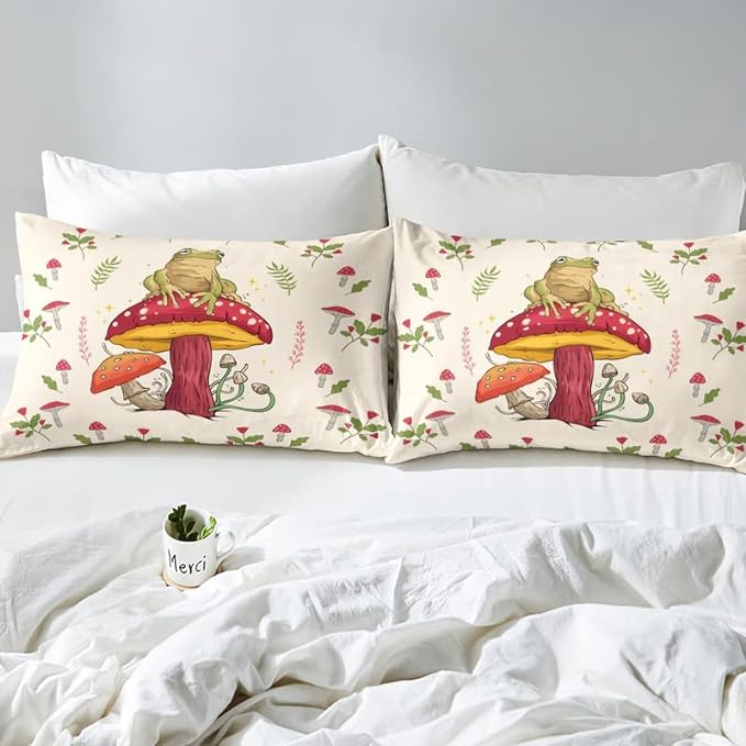 Frog Print Bedding Set Kids Kawaii Decor Comforter Set Frog Mushrooms Comforter Cover Set for Room Decor Botanica Cute Mushroom Decor Beige Red Duvet Set Full Size 3Pcs Quilt Set
