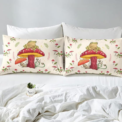 Frog Print Bedding Set Kids Kawaii Decor Comforter Set Frog Mushrooms Comforter Cover Set for Room Decor Botanica Cute Mushroom Decor Beige Red Duvet Set Full Size 3Pcs Quilt Set