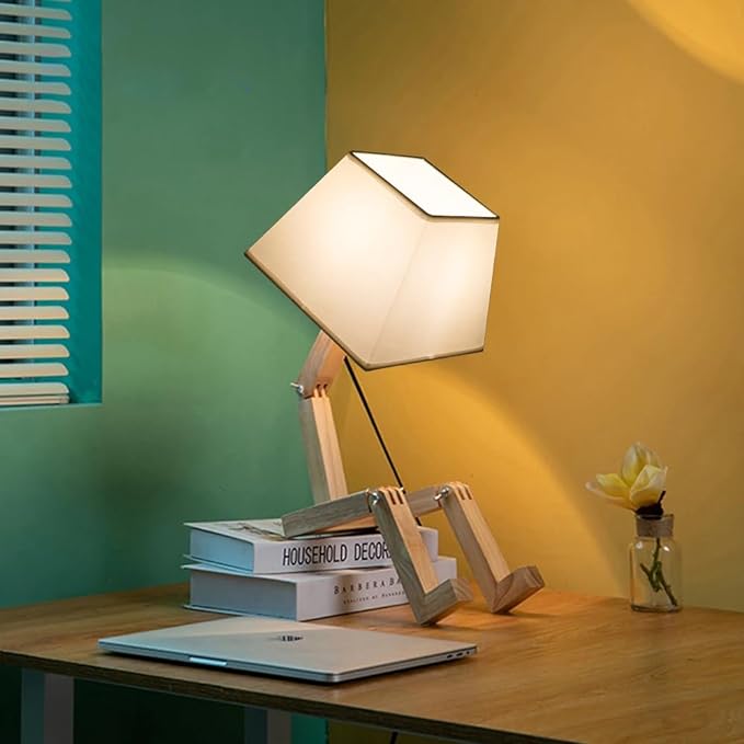 ELINKUME Cute Robot Desk Lamp,Dimmable Bedside Table Lamps,Square Lampshade Night Light with Foldable Solid Wood Body,Fun Kids Lamp, Nightstand lamp for Bedroom,Study,Office,Living room(Gift)