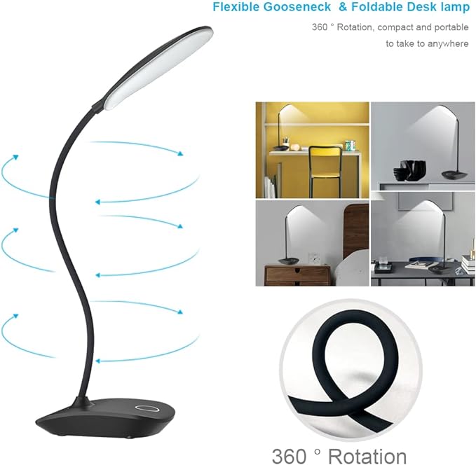 DEEPLITE LED Desk Lamp with Flexible Gooseneck 3 Level Brightness, Battery Operated Table Lamp 5W Touch Control, Compact Portable lamp for Dorm Study Office Bedroom, Eye-Caring and Energy Saving