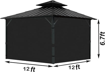 Gazebo Universal Replacement Privacy Curtain, 12'X12' Gazebo Curtains Outdoor Waterproof, 4-Panels Sidewall with Zipper for Patio, Garden and Backyard (Only Curtains, 12'X12', Black)