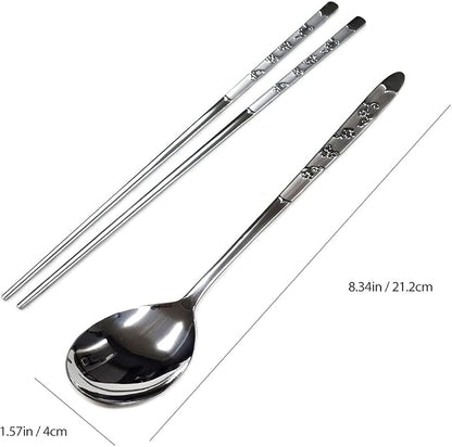 GARASANI Korean Traditional Cutlery Stainless Steel Spoons and Chopsticks Set (Silver Petal)