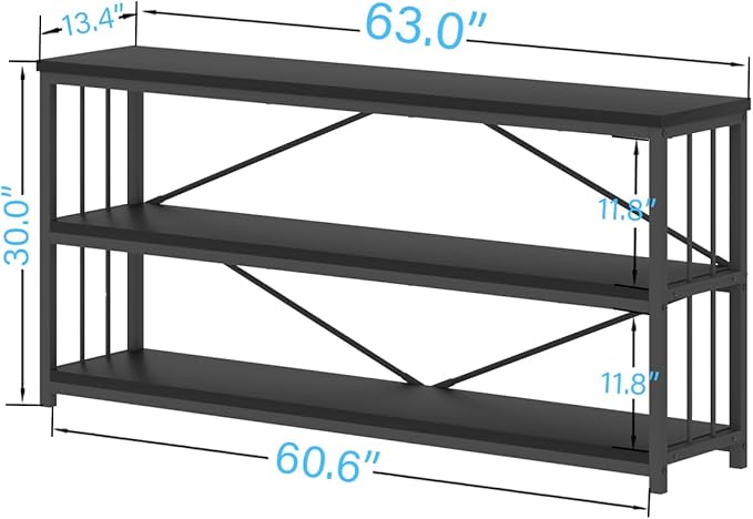 IBF 63" Black Low Horizontal Bookcase, Modern Long Wood Metal 3 Tier Book Shelf, Farmhouse Vintage Big open sturdy Bookshelf, Simple Large Wide Etagere for home living room office bedroom, Black Oak