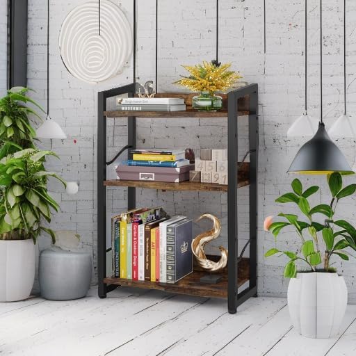 Book Shelf Small Bookshelf: 3-Tier Wood Bookcase Industrial Bookshelf with Edge Protection Metal Narrow Bookshelves Storage Organizer Display Rack for Bedroom Home Office (Rustic Brown)
