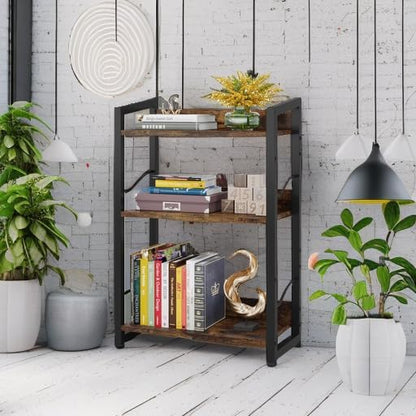 Book Shelf Small Bookshelf: 3-Tier Wood Bookcase Industrial Bookshelf with Edge Protection Metal Narrow Bookshelves Storage Organizer Display Rack for Bedroom Home Office (Rustic Brown)