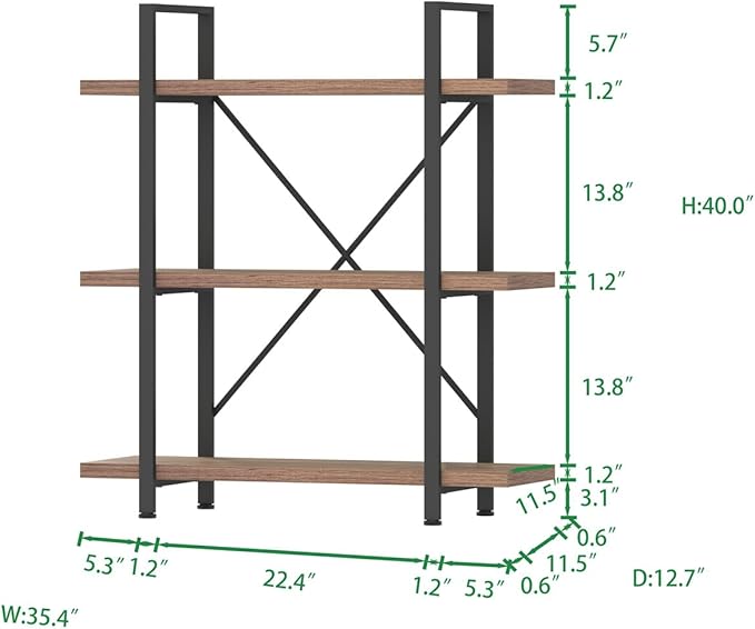HSH Industrial 3 Tier Book Shelf, Modern Small Wood and Metal 3 Shelf Bookcase Etagere, Farmhouse Open Low 3 Tier Bookshelf and Display Storage Shelves for Bedroom Living Room Office, Rustic Oak