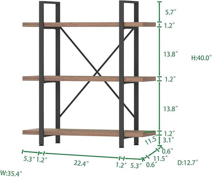 HSH Industrial 3 Tier Book Shelf, Modern Small Wood and Metal 3 Shelf Bookcase Etagere, Farmhouse Open Low 3 Tier Bookshelf and Display Storage Shelves for Bedroom Living Room Office, Rustic Oak