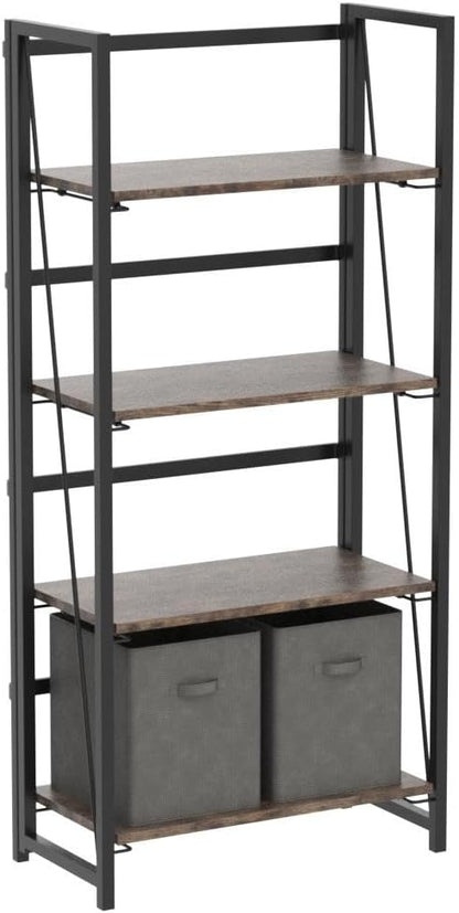 4NM No-Assembly Folding Bookshelf Storage Shelves 4 Tiers Vintage Bookcase Standing Racks Study Organizer Home Office (Rustic Brown and Black)