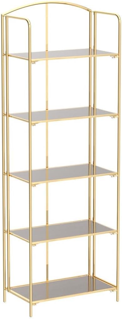No Assembly Folding Bookshelf, 5 Tier Gold Bookshelf, Metal Book Shelf for Storage, Folding Bookcase for Office Organization and Storage, 12.87" D x 22.91" W x 68.1" H