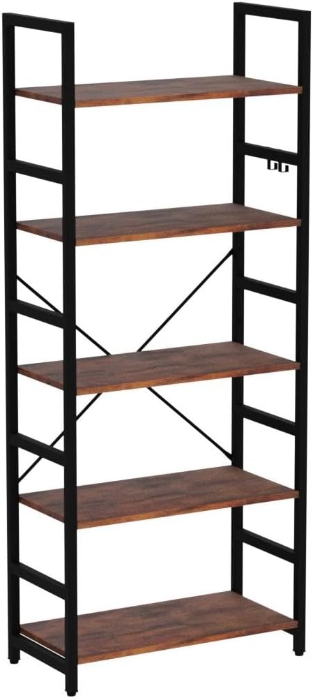 Yoobure 5 Tier Bookshelf - Tall Book Shelf Modern Bookcase for CDs/Movies/Books, Rustic Book Case Industrial Bookshelves Book Storage Organizer for Bedroom Home Office Living Room Brown