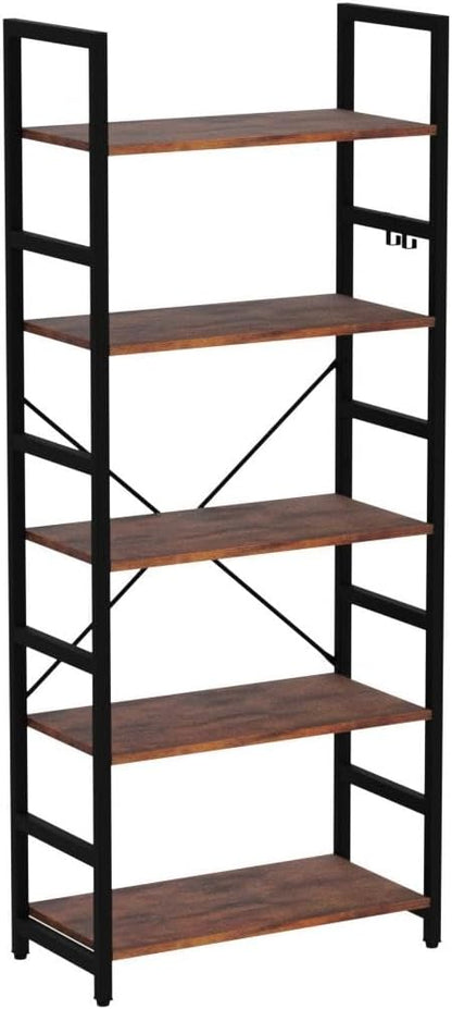 Yoobure 5 Tier Bookshelf - Tall Book Shelf Modern Bookcase for CDs/Movies/Books, Rustic Book Case Industrial Bookshelves Book Storage Organizer for Bedroom Home Office Living Room Brown