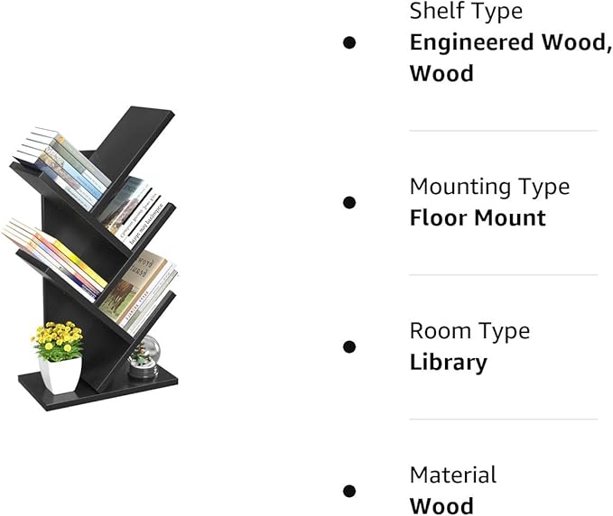 Topfurny Tree Bookshelf, 4-Tier Book Storage Organizer Shelves Floor Standing Bookcase, Wood Storage Rack for Office Home School Shelf Display for Cd/Magazine/Book -Black