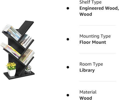 Topfurny Tree Bookshelf, 4-Tier Book Storage Organizer Shelves Floor Standing Bookcase, Wood Storage Rack for Office Home School Shelf Display for Cd/Magazine/Book -Black
