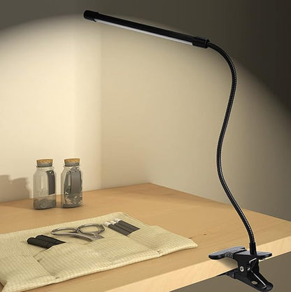 Meichoon Desk Lamp with Clamp Desktop Clip-On LED Illuminating Light Flexible Metal Hose Eye-Caring Table Lamp for Bedroom Bedside Office Study Work Reading Embroidery UK10 Black