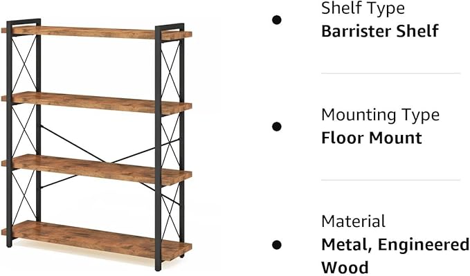 HCHQHS Bookshelf, 4-Tier Industrial Bookcase, Rustic Open Book Shelf, Freestanding Tall Bookshelves with Metal Frame