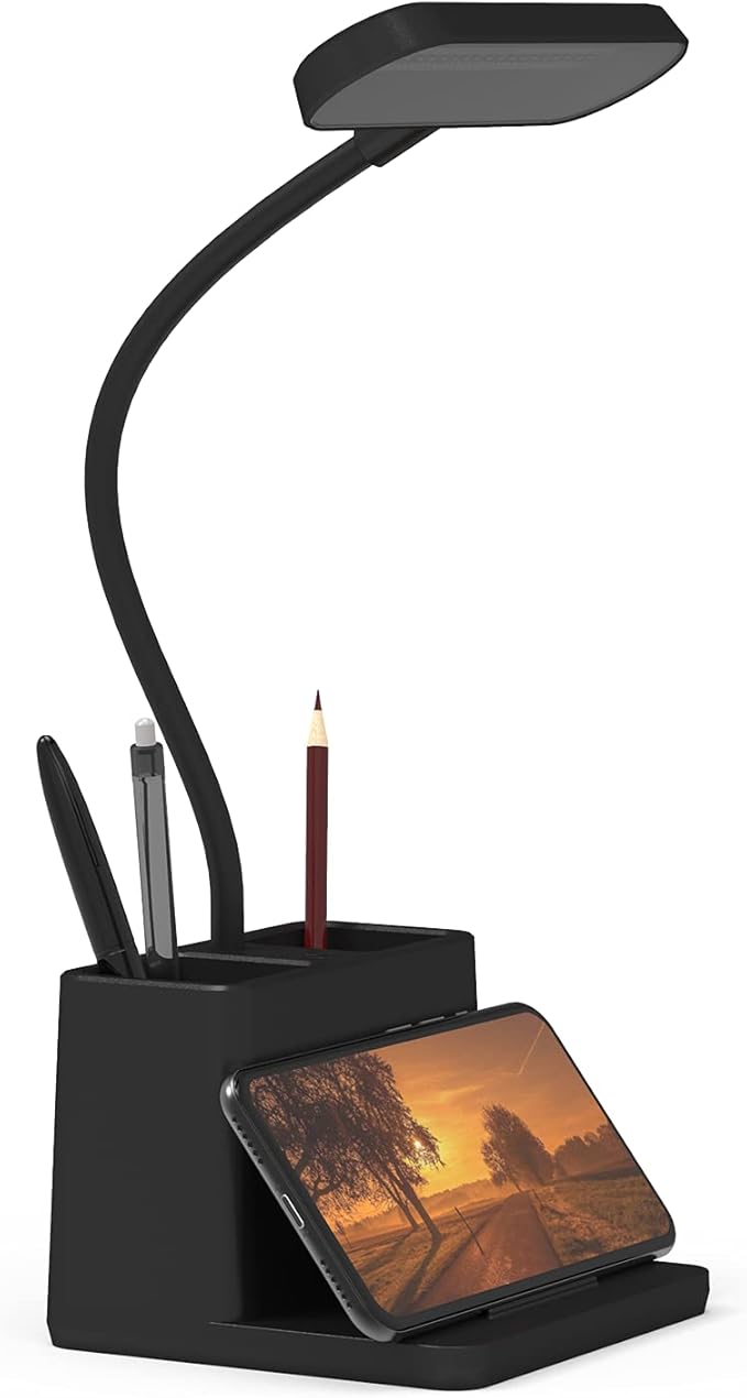 AXX LED Desk Lamp for Home Office, Battery Operated Desk Light for Computer/Desktop - Black, Small, Cute, 3 Way, Rechargeable, Flexible Gooseneck, Pen Holder - Study Table Lamp for Bedroom Reading