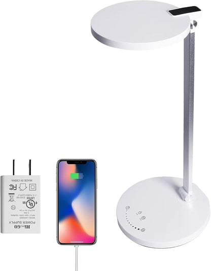 LED Desk Lamp, Aluminum Table Lamp, Dimmable Eye-Caring Table Lamp with 5 Lighting Models with 5 Brightness Levels, Touch Control and Memory Function, USB Charging Port, 8W, White……