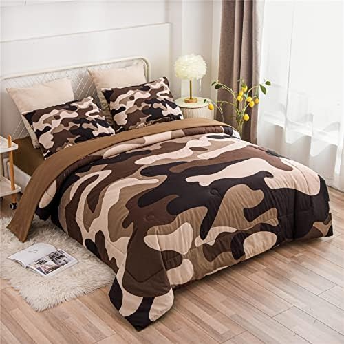 Meeting Story Camouflage Bedding Set, Colorful Pattern Style Comforter Set, 5 PCS One Comforter Two Pillowcases Two Sheets in One Bag, All Season Bedspread for Teens Adults (Coffee,Full5pcs