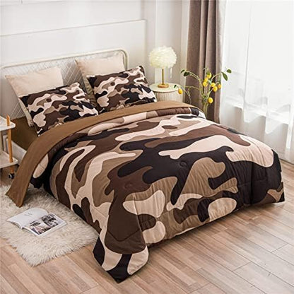 Meeting Story Camouflage Bedding Set, Colorful Pattern Style Comforter Set, 5 PCS One Comforter Two Pillowcases Two Sheets in One Bag, All Season Bedspread for Teens Adults (Coffee,Full5pcs