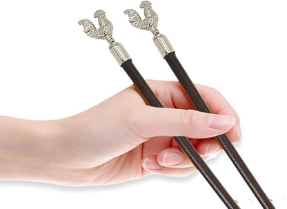 Wooden Chopsticks 9⅞" Long Coconut Palm Wood Chopstick Metal Chicken Top Eating Utensils Oriental Cutlery Asian Tableware Decorative Dinnerware to Serve Chinese Japanese Korean Food