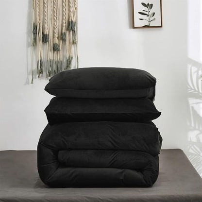 Wellboo Black Velvet Comforter Sets Twin Solid Black Fluffy Bedding Comforters Women Men Plain Dark Color Flannel Quilt Modern Minimalist All Black Comforters Twin Size Micromink Sherpa Plush Bedding