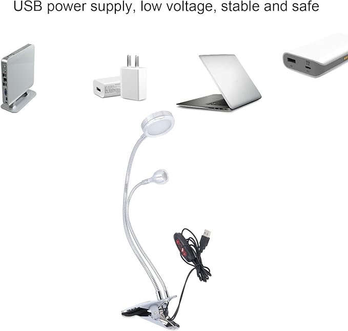 Zerodis LED Desk Lamp, Dimmable LED Clip Desk Lamp 10 Gear Adjustable USB LED Double Head Gooseneck Table Lamp Reading Lamp for Bedroom